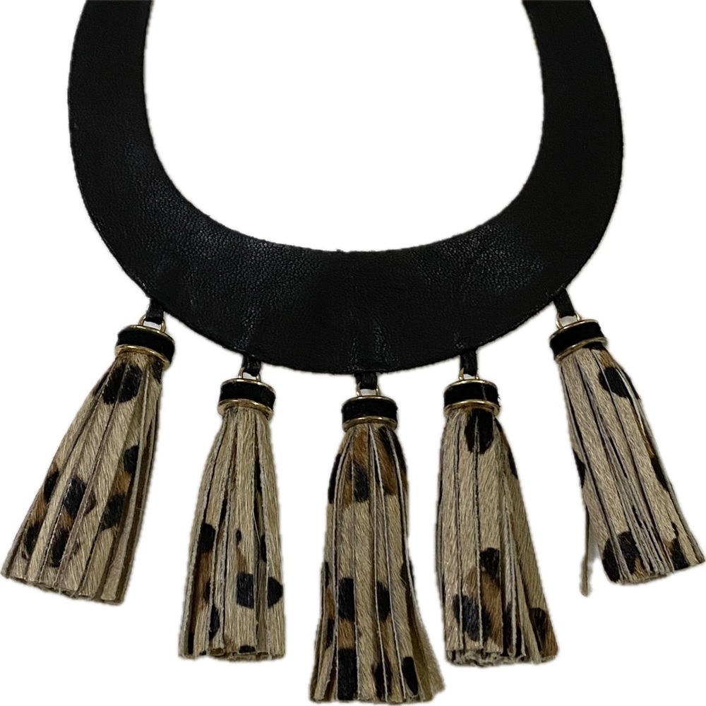 Leopard Genuine Printed Leather Tribal Bib Festival Necklace Collar with Tassels - Picture 4 of 5